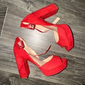 Sun + Stone Red Stiletto Heels with Ankle Strap